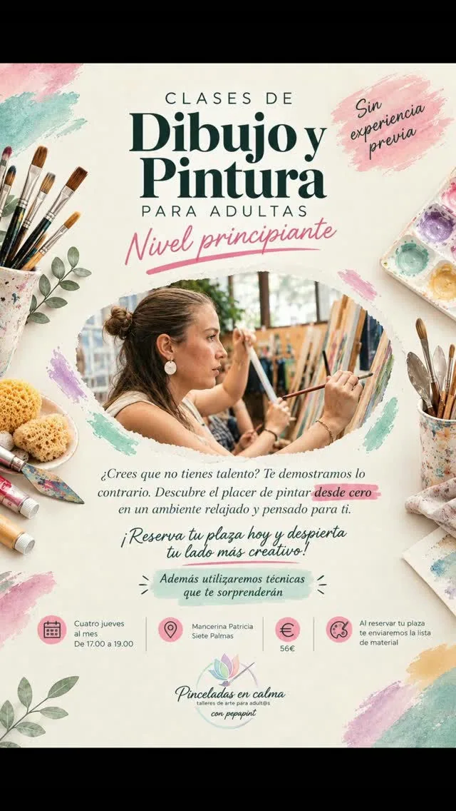 Cartel de Clases de Dibujo y Pintura para Adultas - Nivel principiante