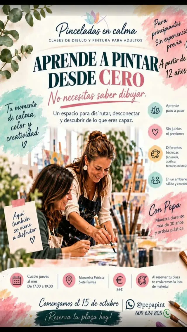 Cartel de Clases de dibujo y pintura para adultos 'Pinceladas en calma'