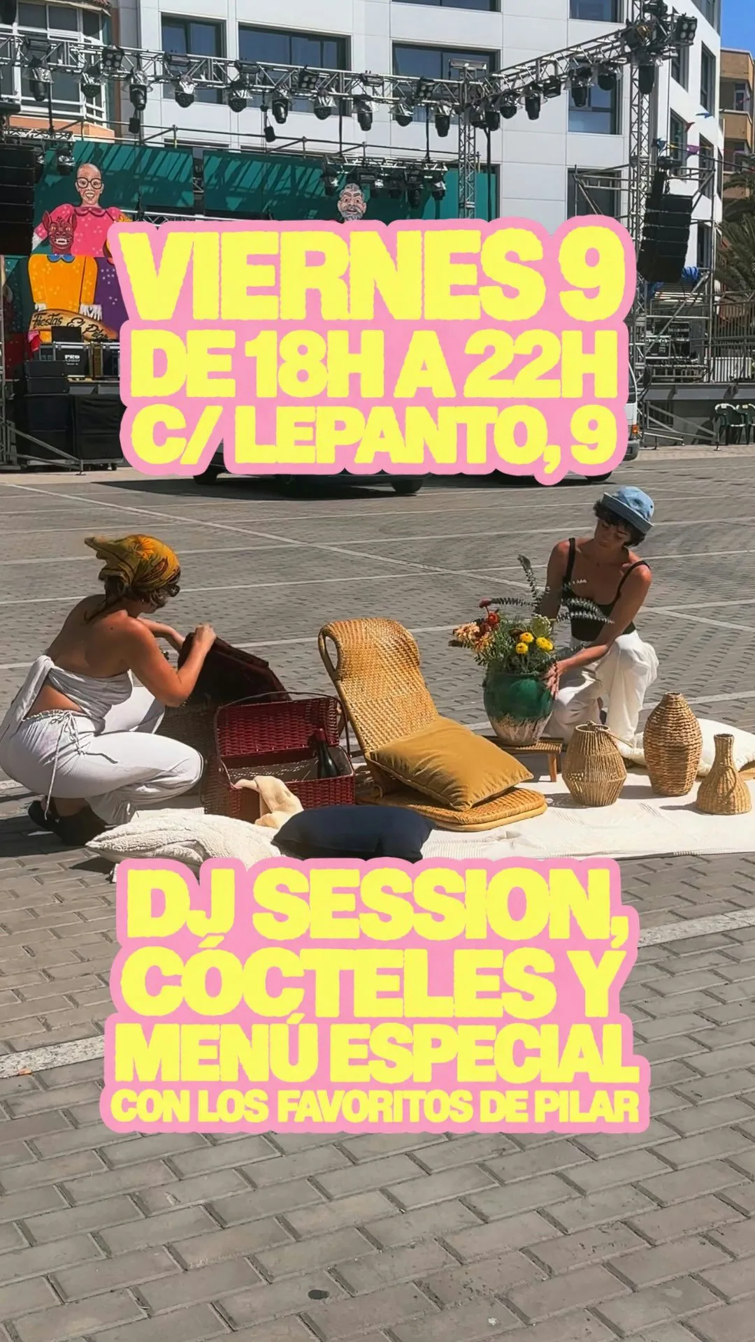 Cartel de Fiesta con DJ session, cócteles y menú especial por las Fiestas del Pilar