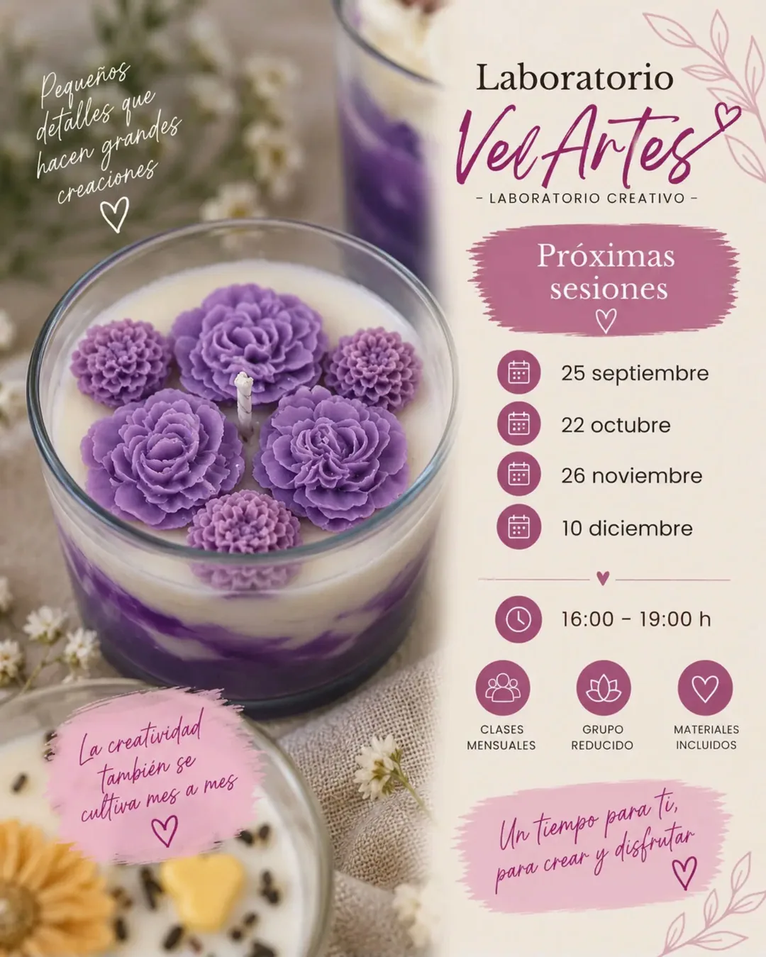 Cartel de Laboratorio VelArtes - Taller de creación de velas con cera de soja