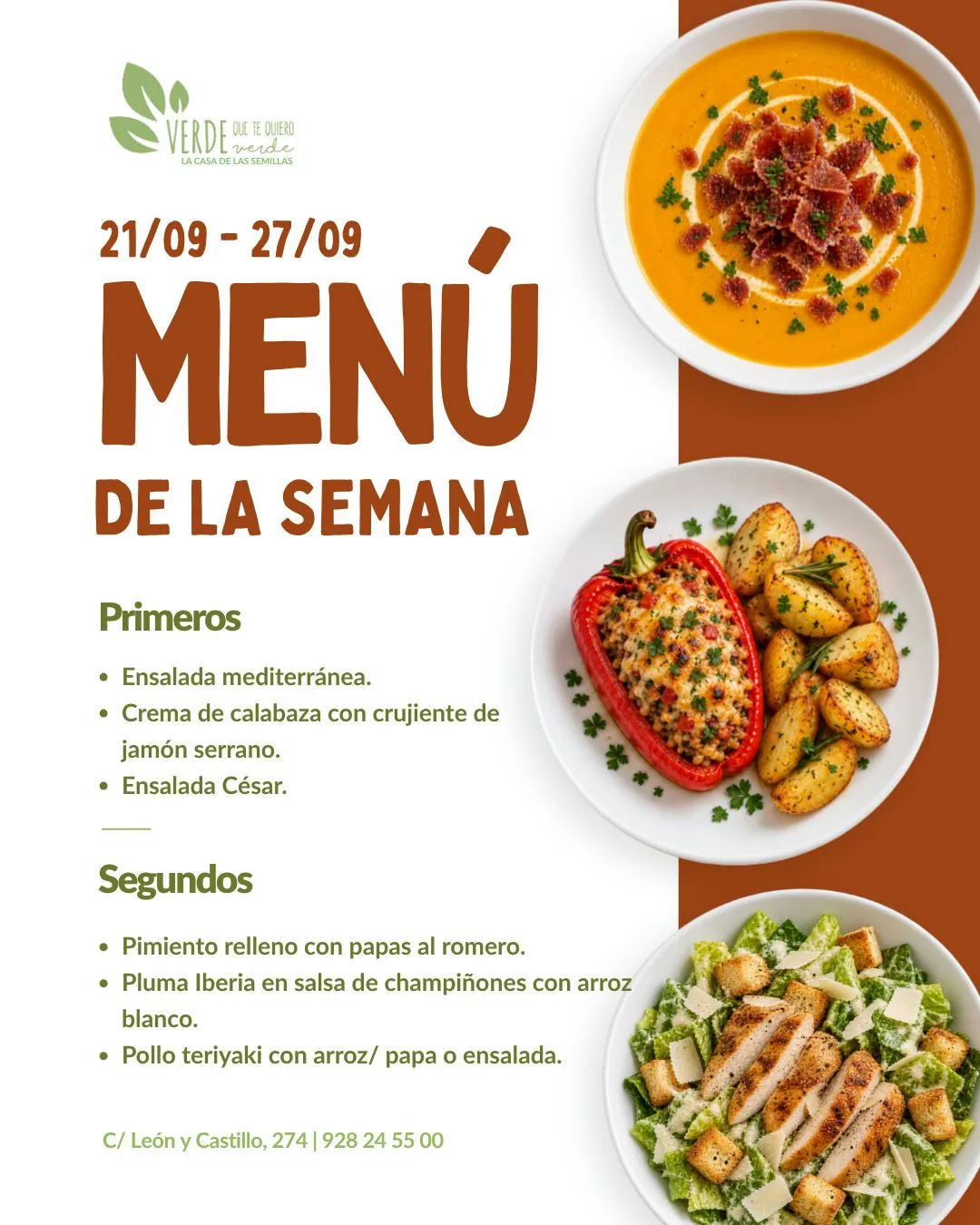Cartel de Menú de la semana en La Casa de las Semillas