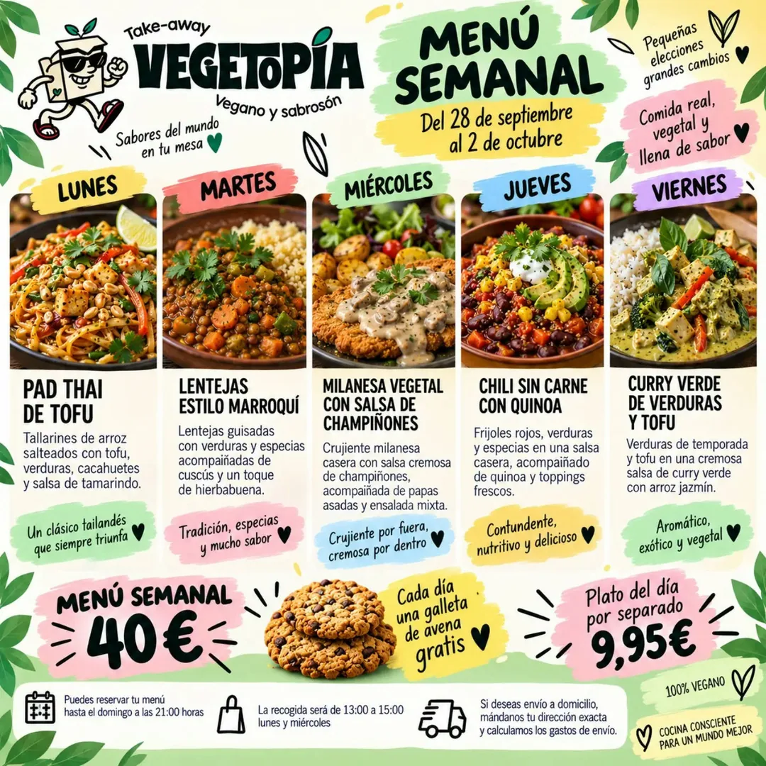 Cartel de Menú semanal Vegetopía del 28 de septiembre al 2 de octubre