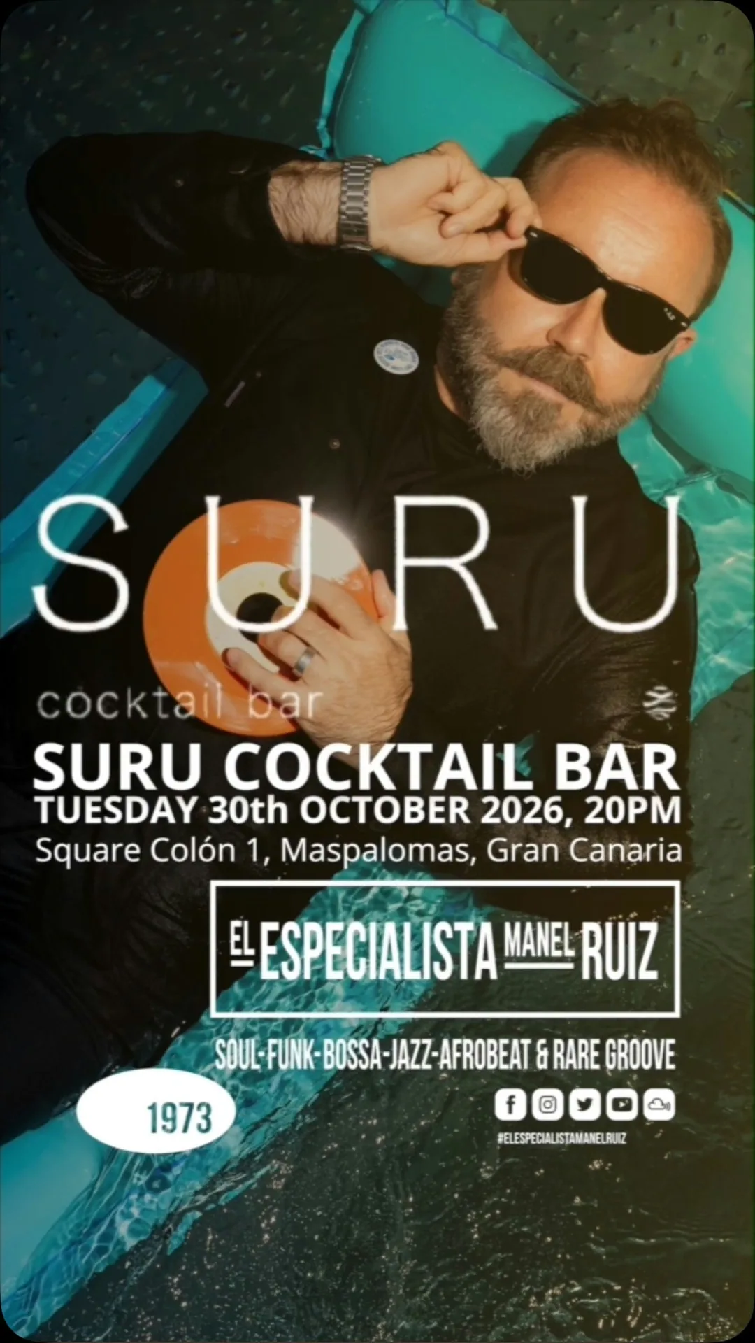 Cartel de Sunset Sessions en Suru Cocktail Bar con El Especialista Manel Ruiz