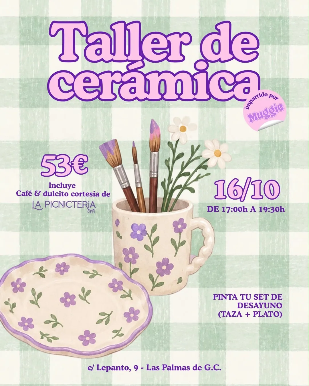 Cartel de Taller de cerámica para pintar tu propio set de desayuno (taza + plato)