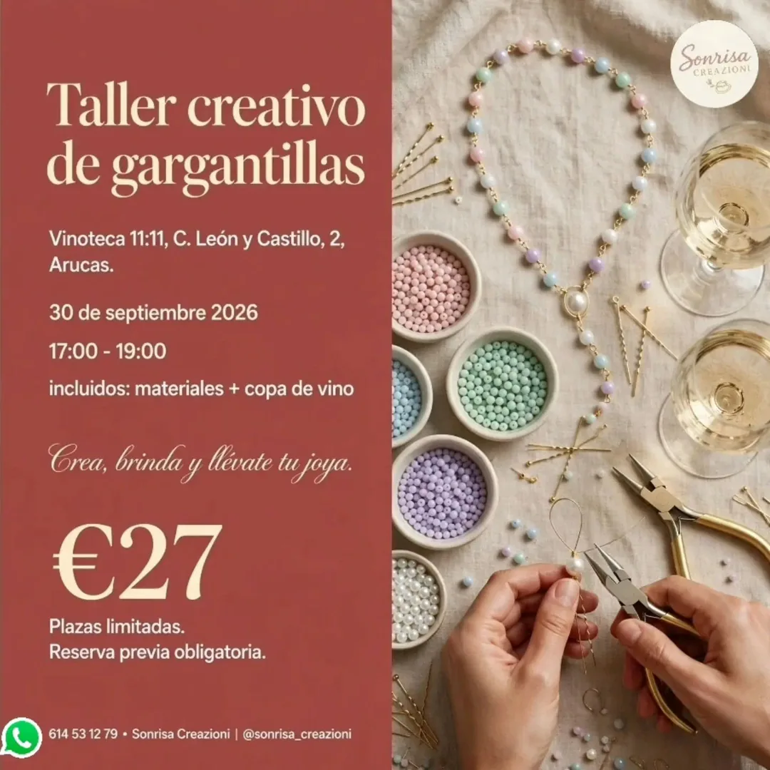 Cartel de Taller de creación de gargantillas de perlas de colores en Vinoteca 11:11