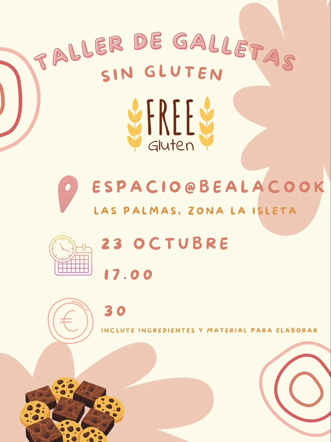 Cartel de Taller de galletas sin gluten en espacio @bea.la.cook