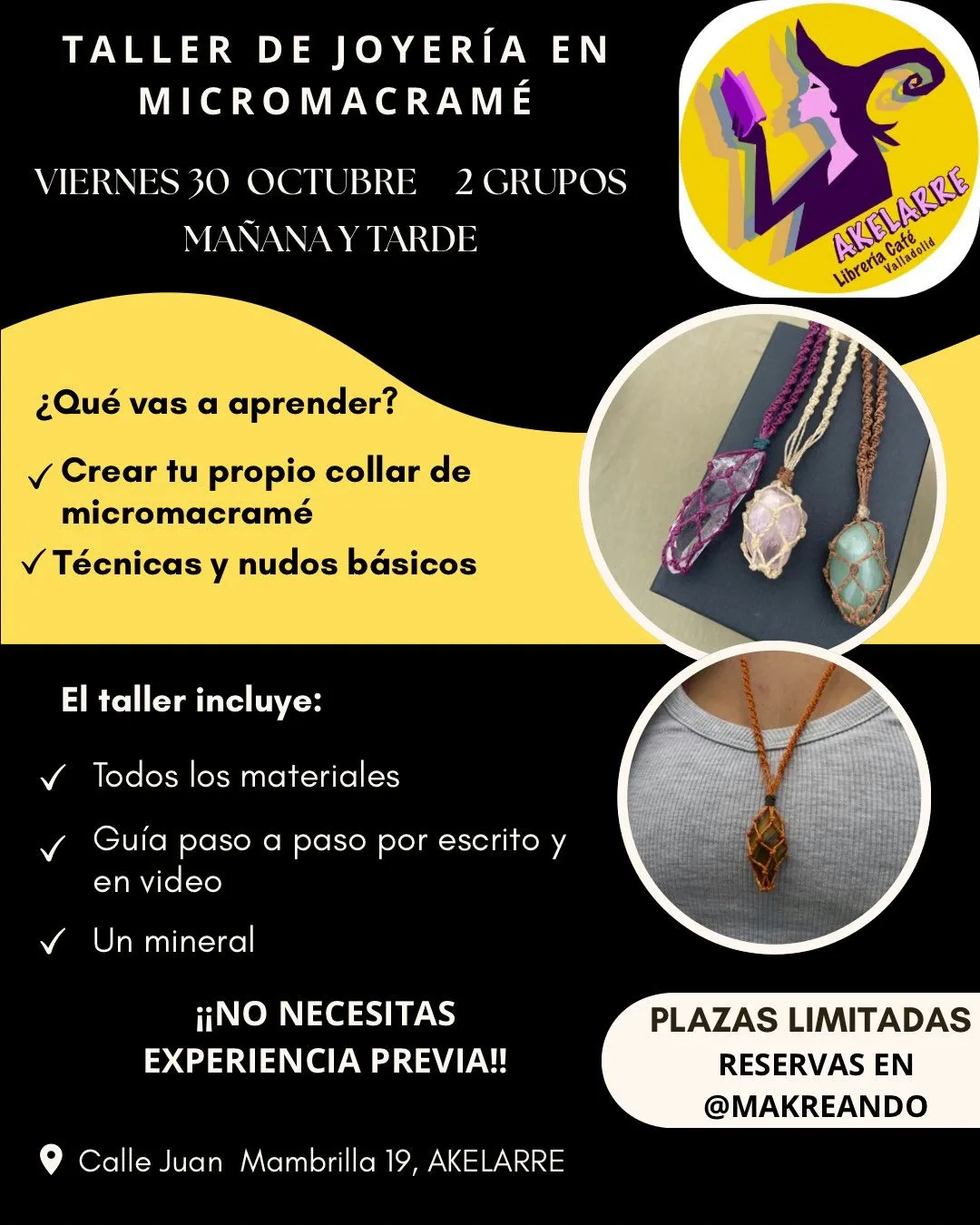 Cartel de Taller de joyería en micromacramé en Akelarre