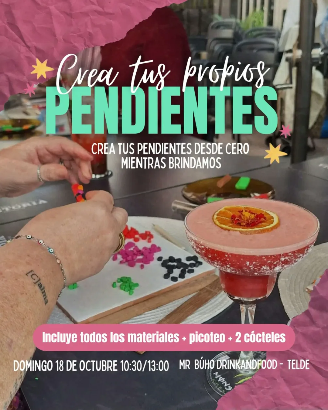 Cartel de Taller de pendientes y cócteles en Mr Búho Drink & Food
