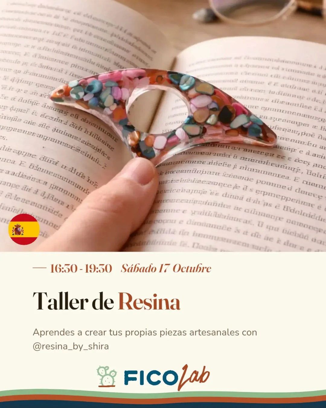 Cartel de Taller de Resina con @resina_by_shira en FICOlab