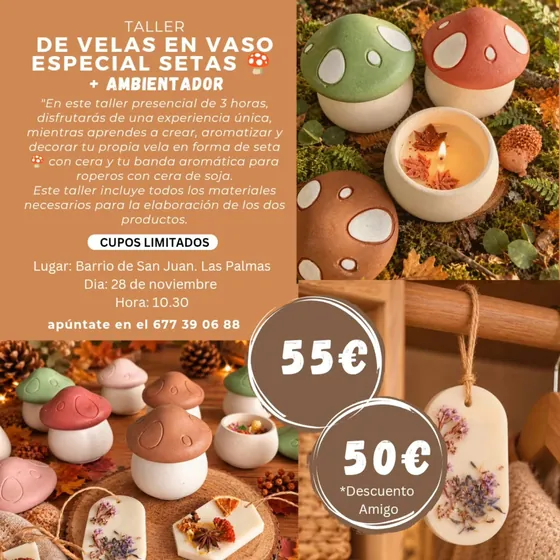Cartel de Taller de velas en vaso especial setas + ambientador