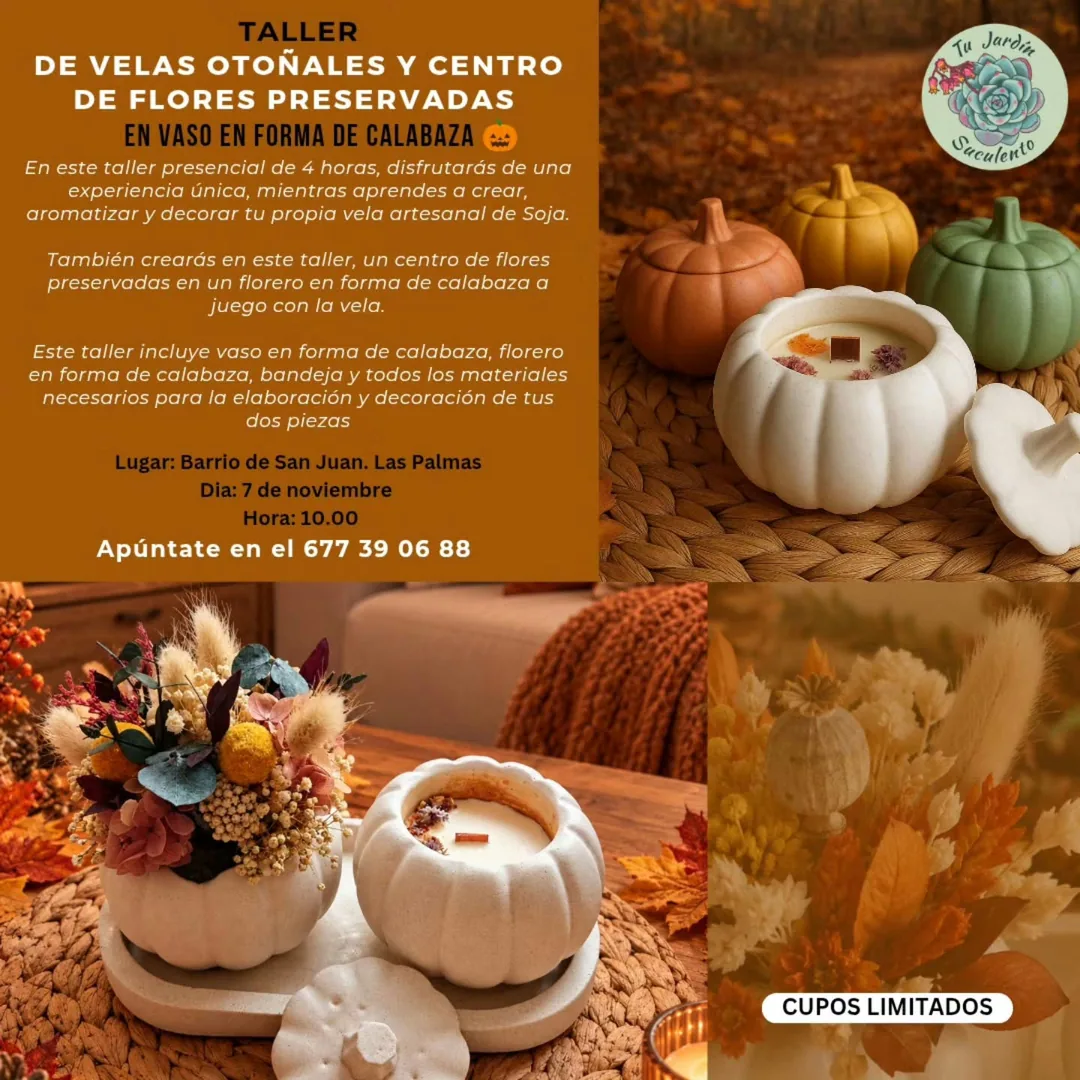 Cartel de Taller de Velas Otoñales y Centro de Flores Preservadas en vaso en forma de calabaza